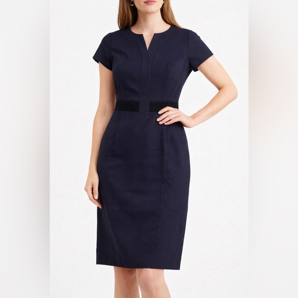 Boden Navy Blue Textured Sheath Dress Cap Sleeve Work Dress Size 8L